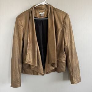 Cache Jacket Womens 12 Metallic Gold Open Front Waterfall Shoulder Pads Cropped